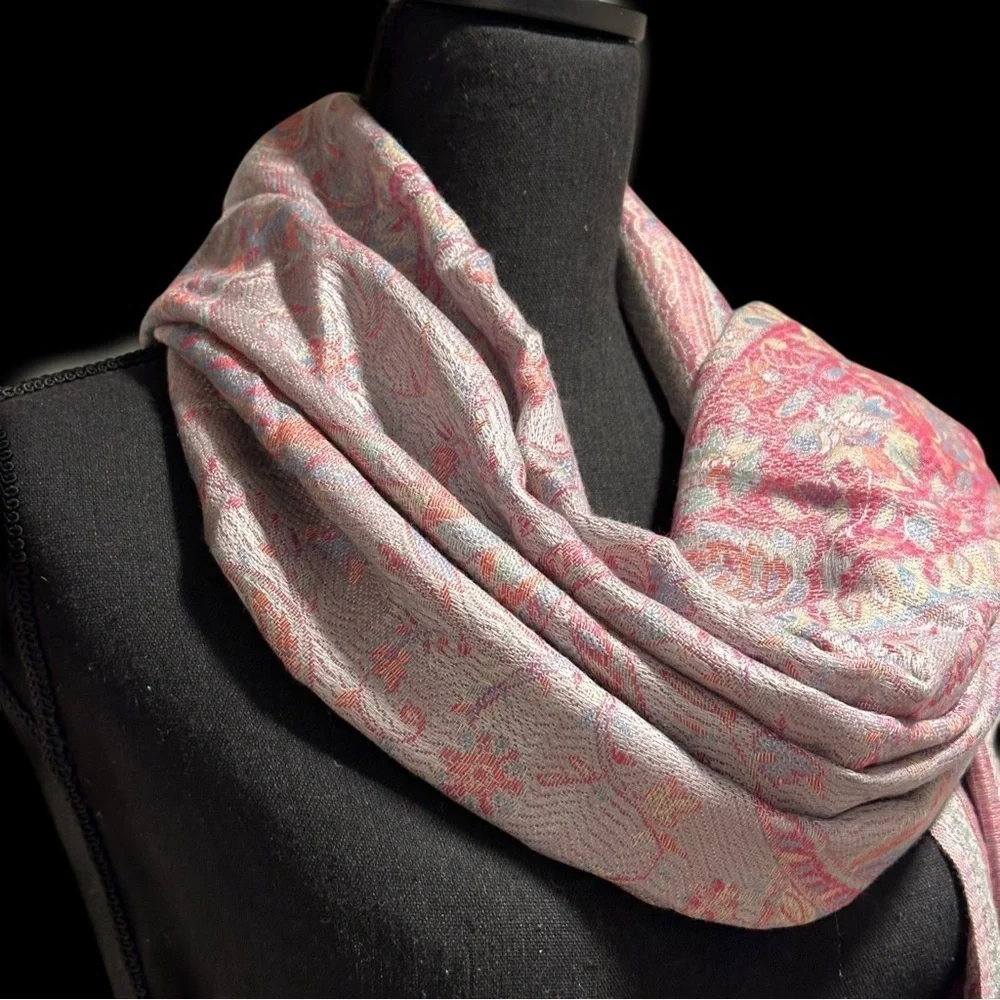 Elegant Shawl in Silver & Pink Paisley- Versatile Wrap, Scarf, Veil Soft Rayon